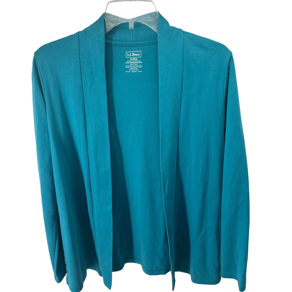 LL Bean 100% Supima Cotton Open Front Cardigan S-REG Minimalist Womens Teal Blue